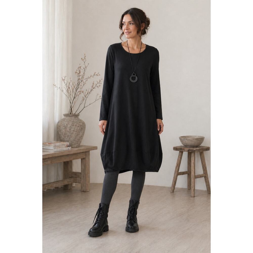Crea Concept Organic Cotton Barrel Black Dress Made in Turkey Sz 36 Lagenlook